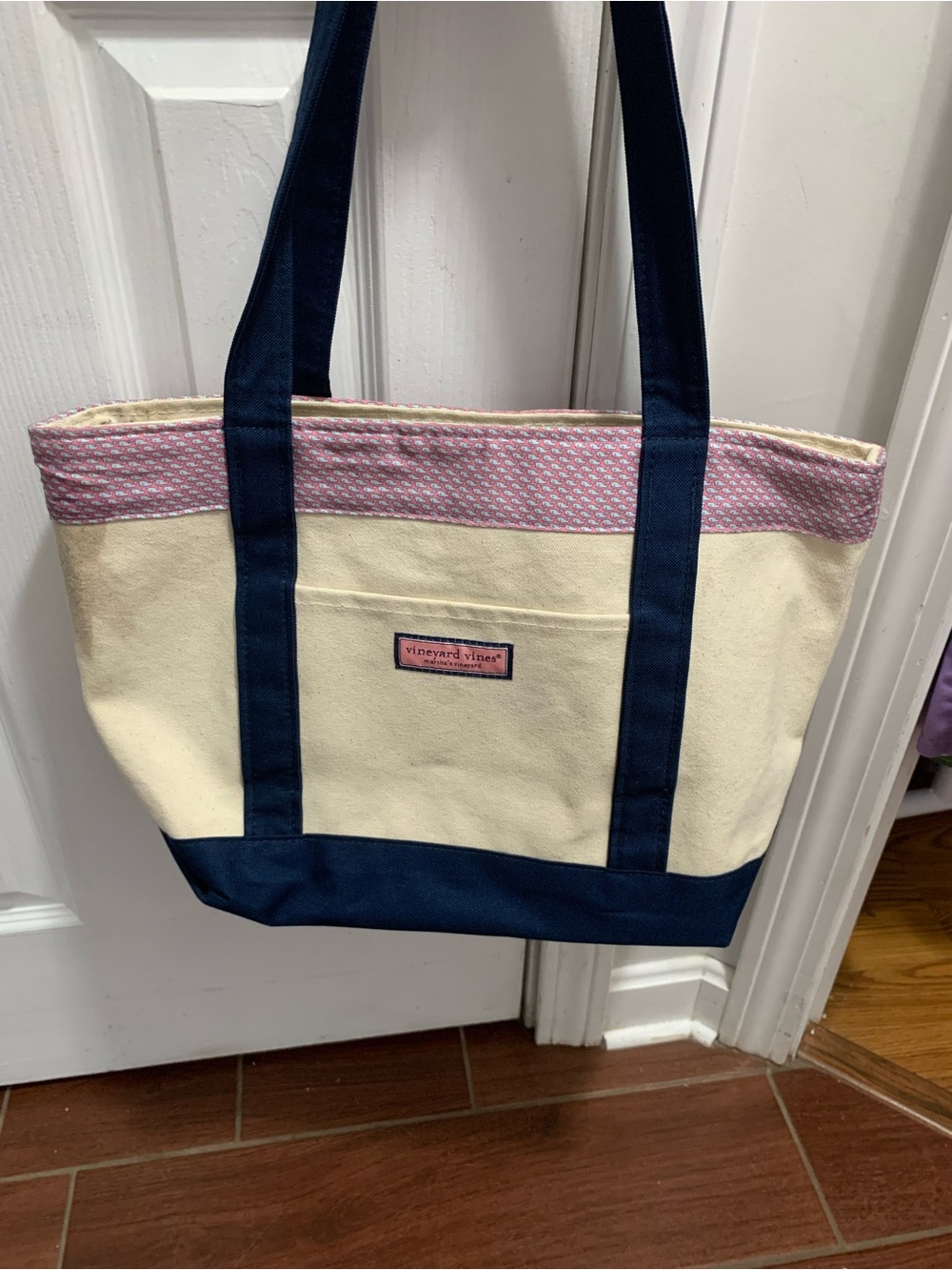 Vineyard Vines Canvas Tote in Navy, Cream & Pink Trim